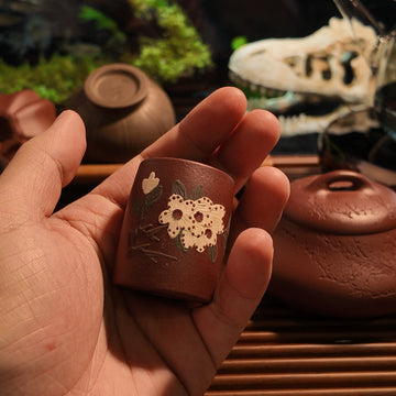 Terasilk Handmade Yixing Tea Pet & Lid Rest | Floral Appliqué Cylinder | Premium Purple Clay Gongfu Accessory