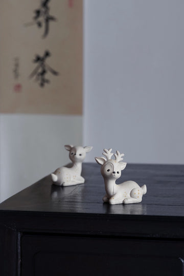 Terasilk Handmade Clay Tea Pet | "Forest Spirit" Sika Deer Pair | Speckled White Sand Clay