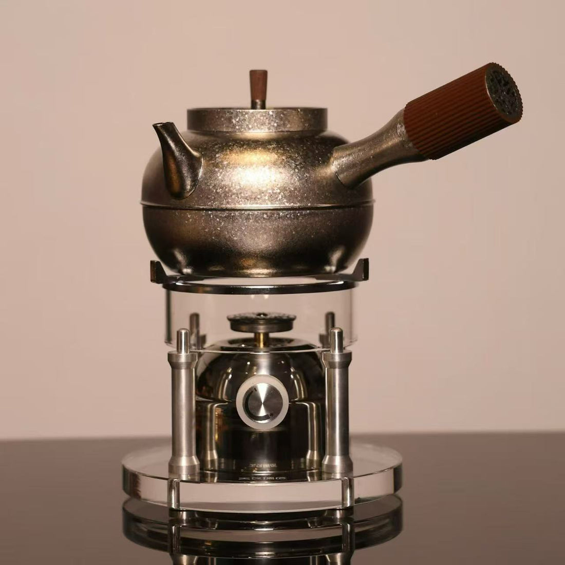 Terasilk Modern Industrial Teaware | Cordless Suspension Gas Burner & Frosted Metal Kettle Set