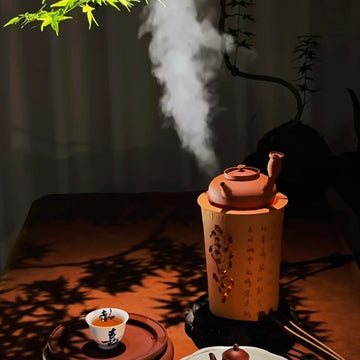 Terasilk Chaozhou Clay Kettle & Stove | Tall Scholar Rock Cylinder & Side-Handle "Sha Diao" Set