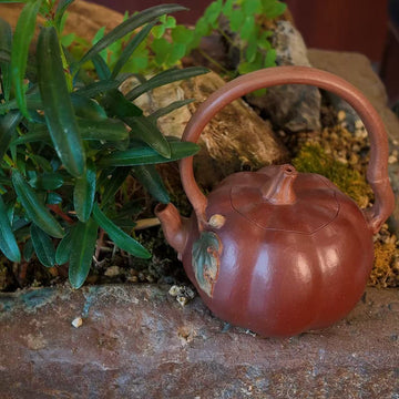 Handmade Yixing Teapot | "Pumpkin Vine" Ti Liang (Overhead Handle) | Purple Clay Zisha Tea Vessel-120ml