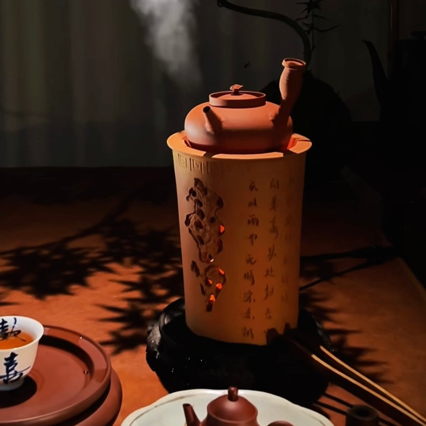 Terasilk Chaozhou Clay Kettle & Stove | Tall Scholar Rock Cylinder & Side-Handle "Sha Diao" Set