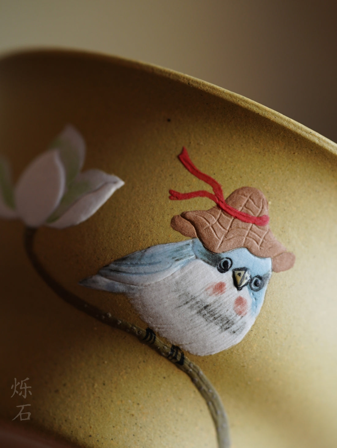 Terasilk Hand-Painted Yixing Tasting Cup | Spring Bird & Botanical Relief Art | Golden Duan Ni Clay