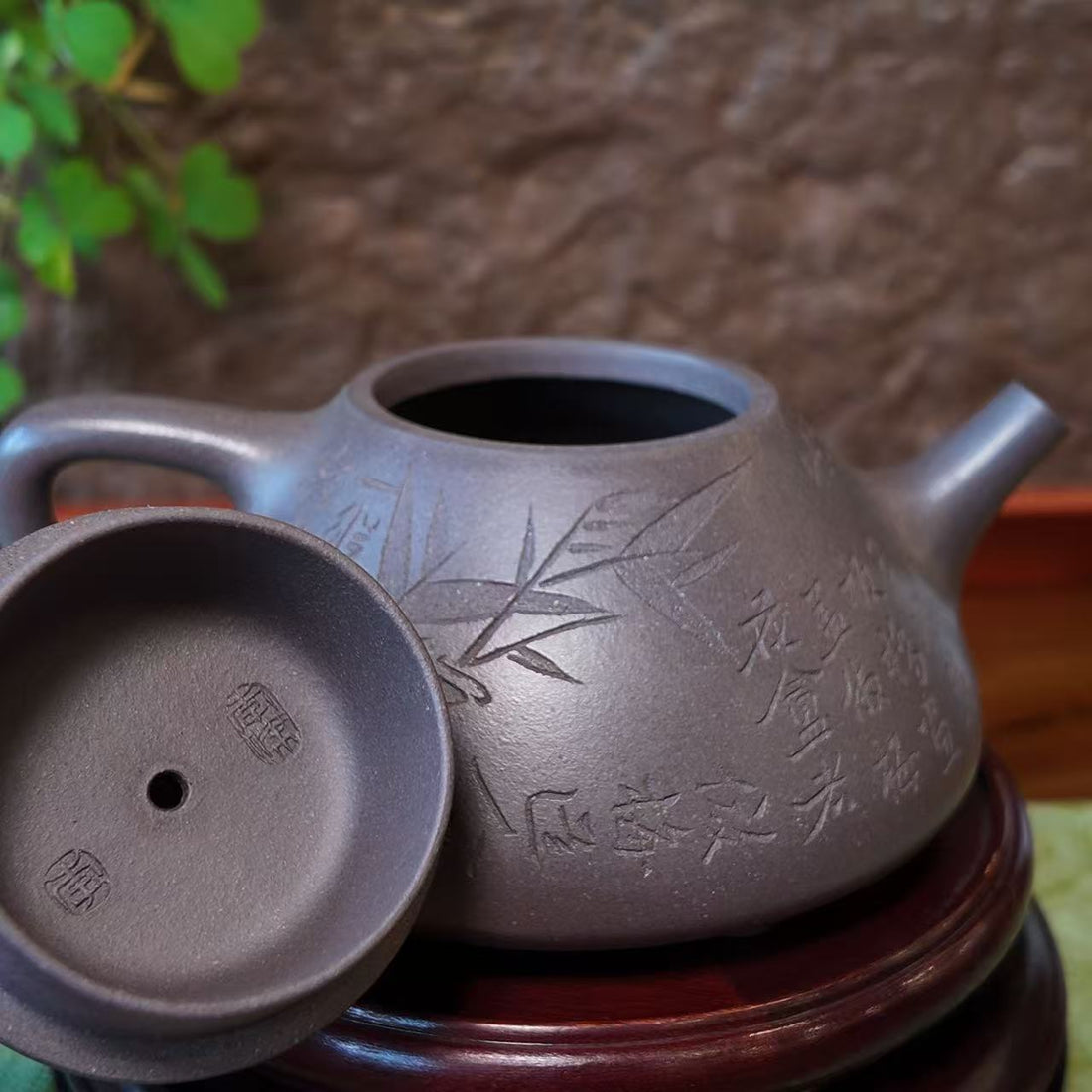 Handmade Yixing Teapot | "Literati Bamboo" Tripod Design | Charcoal Zisha Clay Calligraphy Tea Vessel-180ml