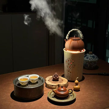 Terasilk Chaozhou Clay Kettle & Stove | Woven Overhead Handle "Ti Liang" | Carved Scholar Rock Cylinder