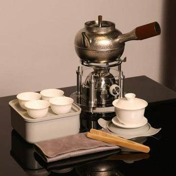 Terasilk Modern Industrial Teaware | Cordless Suspension Gas Burner & Frosted Metal Kettle Set