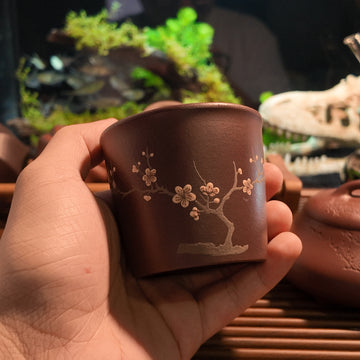 Terasilk Handmade Yixing Teacup | Engraved Plum Blossom "Master Cup" | Premium Purple Clay Tasting Vessel-120ml