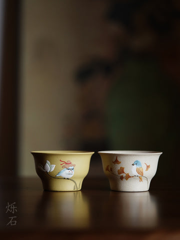 Terasilk Hand-Painted Yixing Tasting Cup | Spring Bird & Botanical Relief Art | Golden Duan Ni Clay