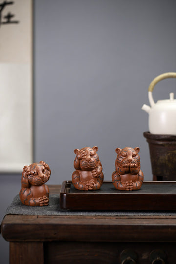 Terasilk Handmade Clay Tea Pet | "Three Noes" Chubby Tiger Set | Zen Desk Companion