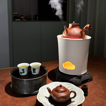 Terasilk Chaozhou Clay Kettle & Stove | Wheel-Thrown "Sha Diao" | Pristine White Ceramic & Red Sand Clay Set