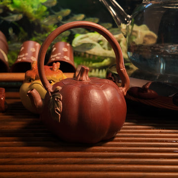 Handmade Yixing Teapot | "Pumpkin Vine" Ti Liang (Overhead Handle) | Purple Clay Zisha Tea Vessel-120ml
