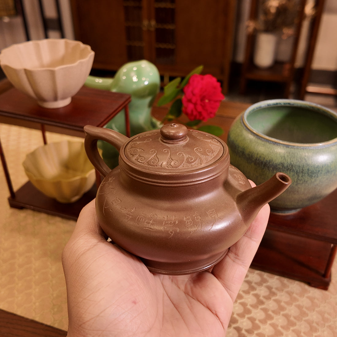 Terasilk Handmade Yixing Teapot | "Auspicious Ruyi" Carved Lid | Literati Calligraphy Purple Clay Tea Vessel-160ml