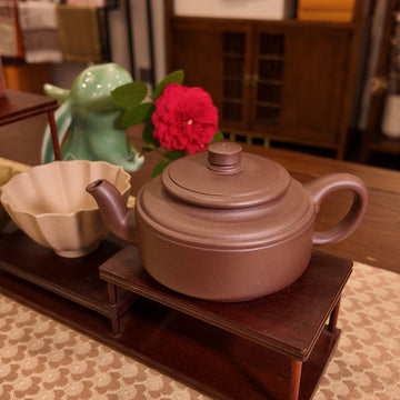 Terasilk Handmade Yixing Teapot | Minimalist "Stepped Drum" Profile | Premium Zi Ni Purple Clay-130ml