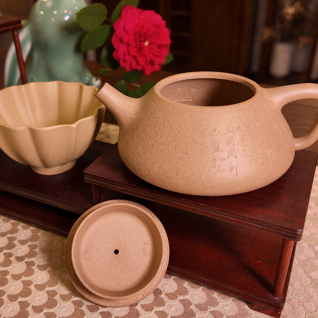 Terasilk Handmade Yixing Teapot | Literati "Shi Piao" Tripod Profile | Engraved Golden Duan Ni Clay-100ml