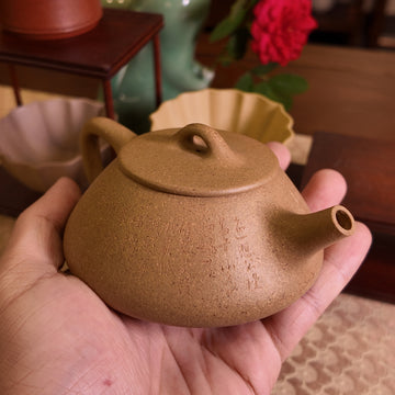 Terasilk Handmade Yixing Teapot | Literati "Shi Piao" Tripod Profile | Engraved Golden Duan Ni Clay-100ml