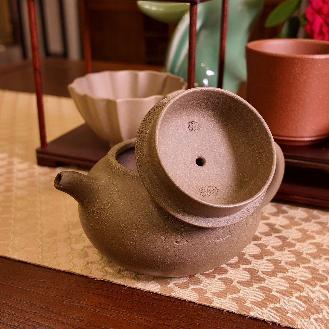 Terasilk Handmade Yixing Teapot | Organic "Qie Duan" Aubergine Profile | Literati Calligraphy Speckled Clay-140ml