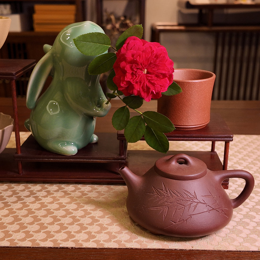 Terasilk Handmade Yixing Teapot | Literati "Flat Shi Piao" Tripod | Bamboo Engraved Speckled Purple Clay-120ml
