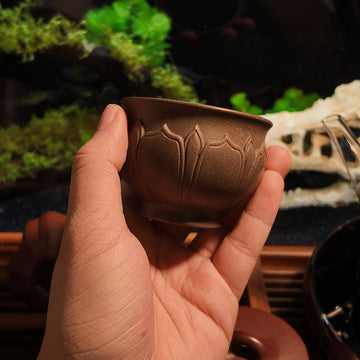 Terasilk Handmade Yixing Teacup | Carved Lotus Petal "Master Cup" | Star-Speckled Purple Clay-90ml