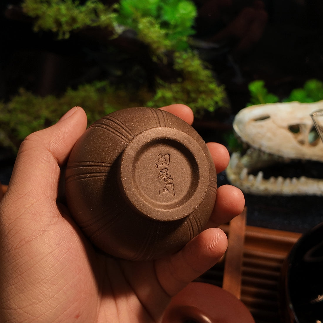Terasilk Handmade Yixing Teacup | Carved Lotus Petal "Master Cup" | Star-Speckled Purple Clay-90ml
