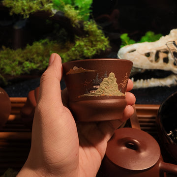 Terasilk Handmade Yixing Teacup | "Shan Shui" Landscape Master Cup | Painted Purple Clay Tasting Vessel-90ml