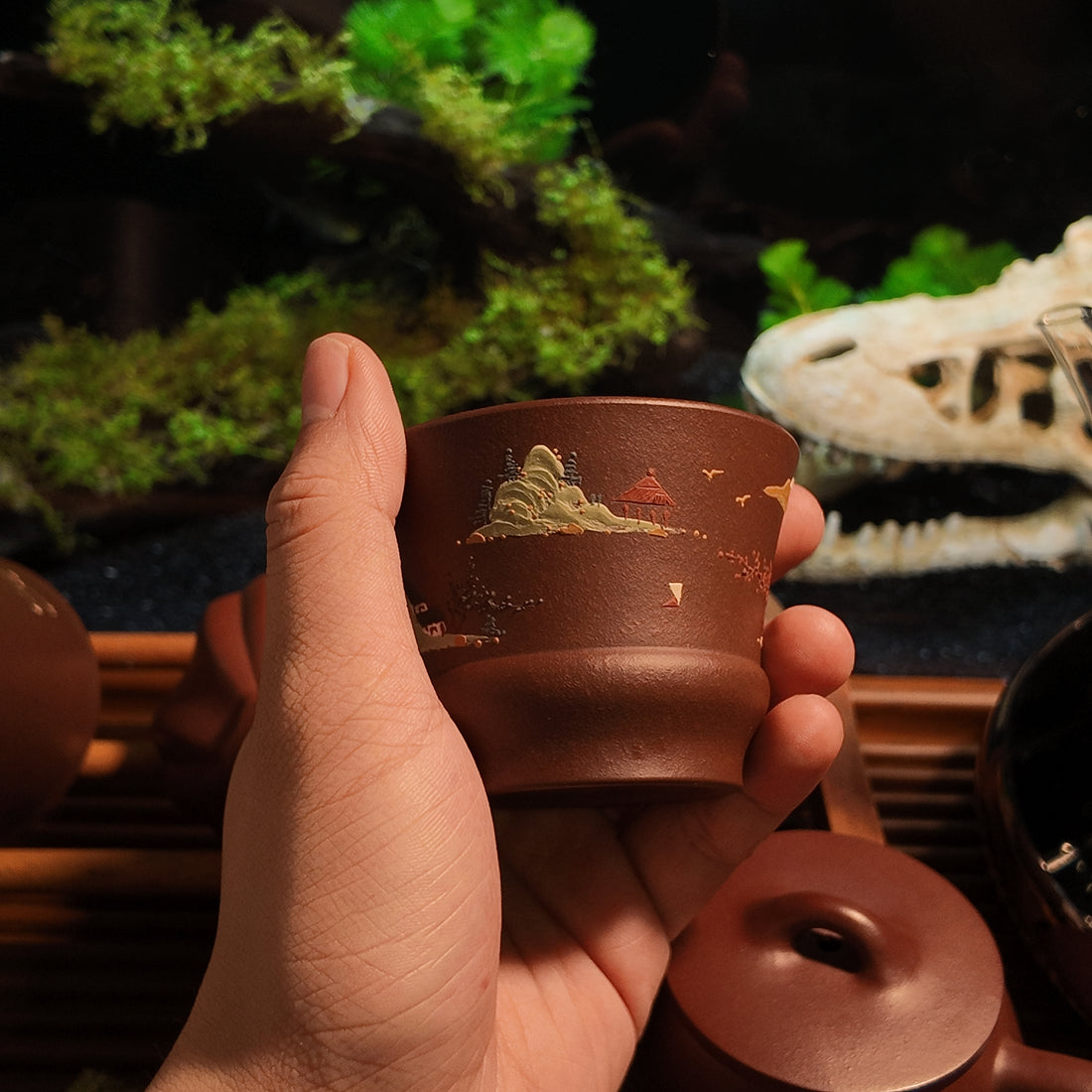 Terasilk Handmade Yixing Teacup | "Shan Shui" Landscape Master Cup | Painted Purple Clay Tasting Vessel-90ml