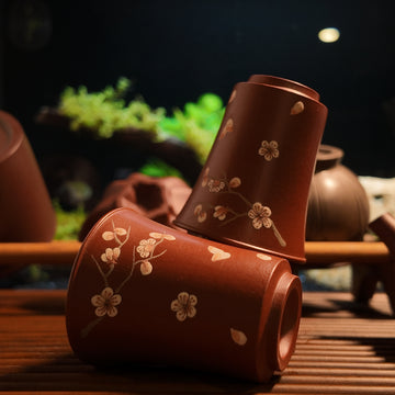 Terasilk Handmade Yixing Teacup Set | "Ni Hui" Plum Blossom Aroma Cups | Premium Hongni Red Clay (Set of 2)-30ml/1