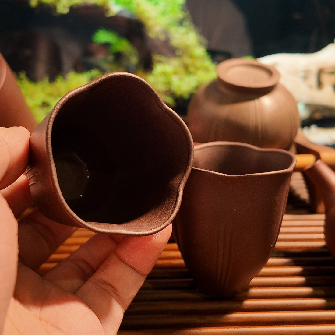 Terasilk Handmade Yixing Teacup Set | "Hua Kou" Scalloped Petal Aroma Cups | Premium Purple Clay (Set of 2)-50ml/1