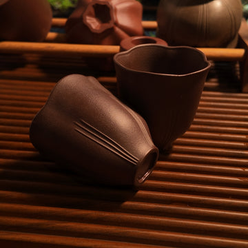 Terasilk Handmade Yixing Teacup Set | "Hua Kou" Scalloped Petal Aroma Cups | Premium Purple Clay (Set of 2)-50ml/1