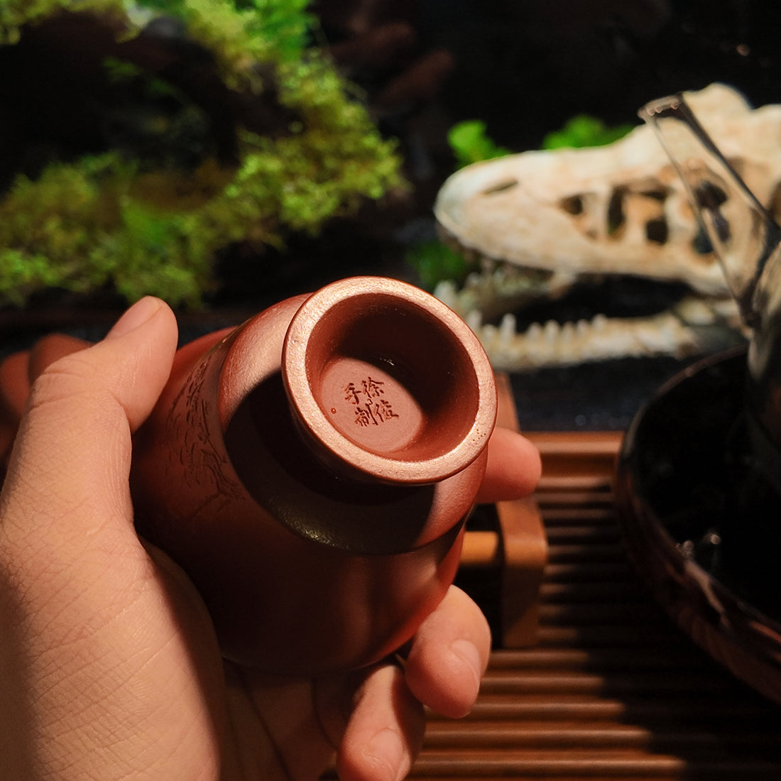 Terasilk Handmade Yixing Teacup | Engraved Plum Blossom Pedestal Cup | Premium Red Zisha Clay-60ml