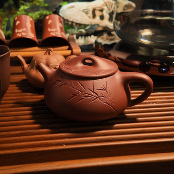 Terasilk Handmade Yixing Teapot | Engraved Bamboo "Bridge Knob" Profile | Premium Zi Ni Purple Clay-140ml