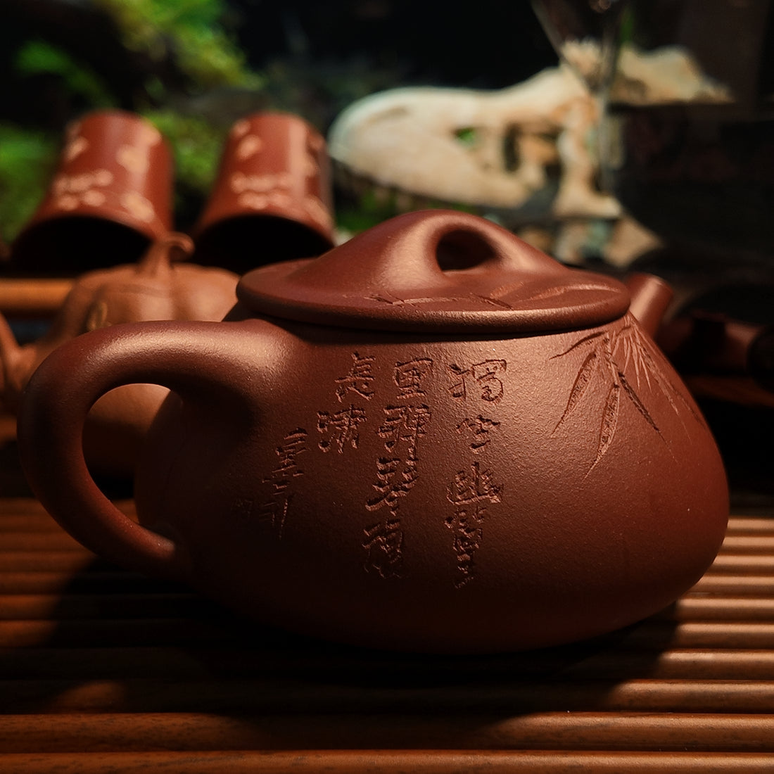 Terasilk Handmade Yixing Teapot | Engraved Bamboo "Bridge Knob" Profile | Premium Zi Ni Purple Clay-140ml