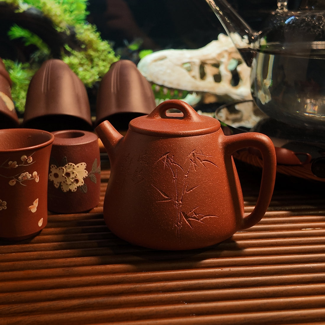 Terasilk Handmade Yixing Teapot | "Tall Shi Piao" Bamboo Tripod | Speckled Red Zisha Clay-140ml