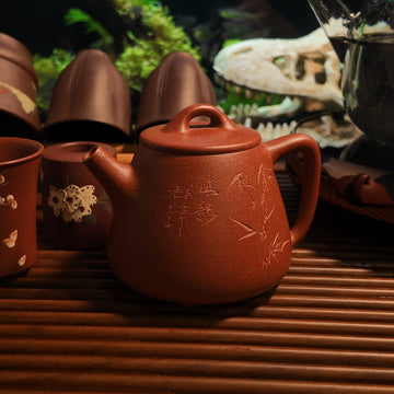 Terasilk Handmade Yixing Teapot | "Tall Shi Piao" Bamboo Tripod | Speckled Red Zisha Clay-140ml