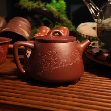 Terasilk Handmade Yixing Teapot | Engraved Songbird "Tall Shi Piao" Tripod | Premium Red Zisha Clay-180ml