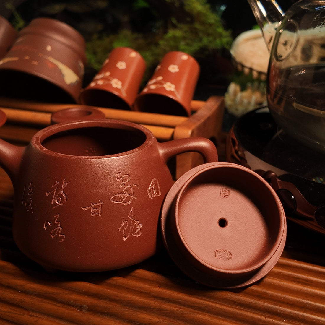 Terasilk Handmade Yixing Teapot | Engraved Songbird "Tall Shi Piao" Tripod | Premium Red Zisha Clay-180ml