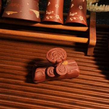 Terasilk Handmade Yixing Tea Pet | Auspicious Lingzhi Mushroom Log | Premium Red Zisha Clay