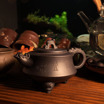 Terasilk Handmade Yixing Teapot | Sculpted Mythical Beast Tripod | Premium Black Hei Ni Clay-120ml