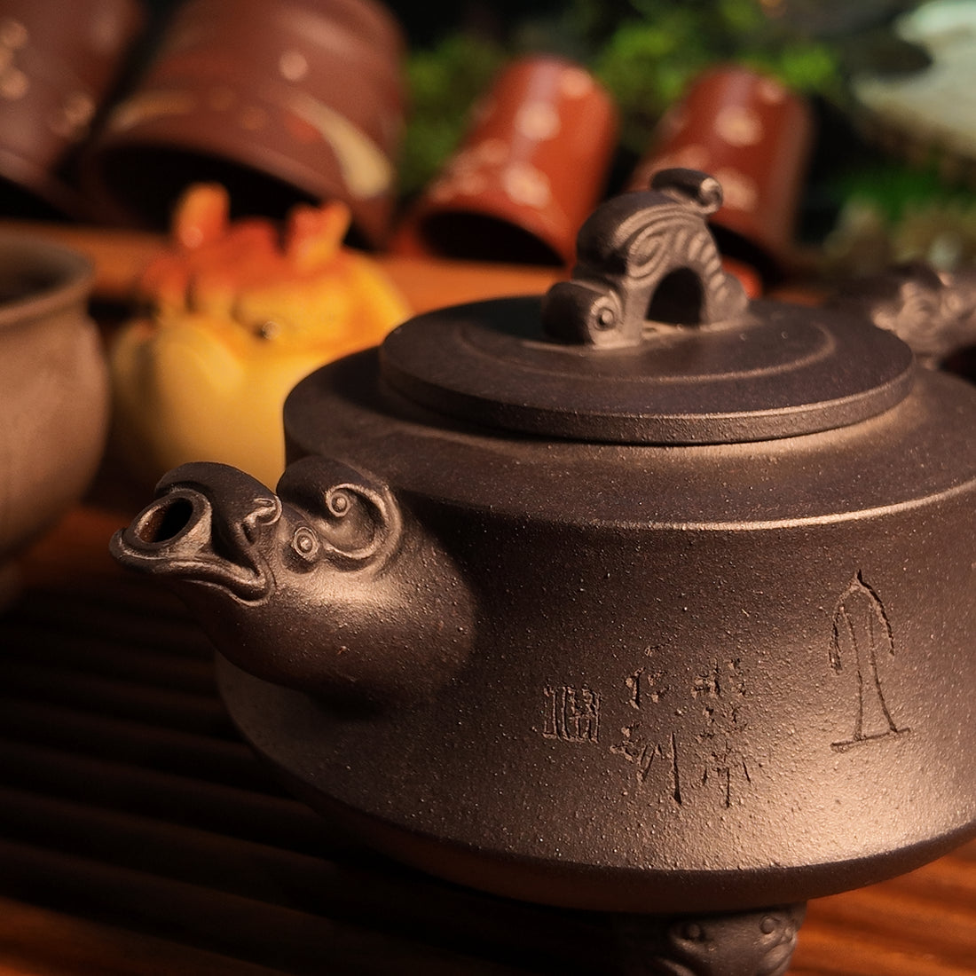 Terasilk Handmade Yixing Teapot | Sculpted Mythical Beast Tripod | Premium Black Hei Ni Clay-120ml