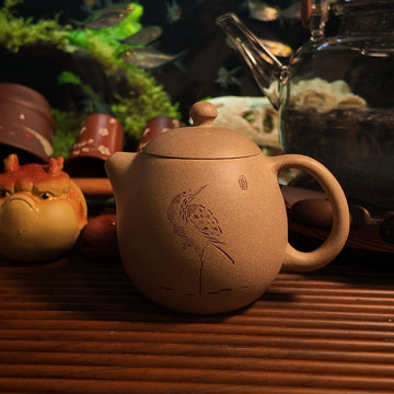 Engraved Heron & Calligraphy | Premium Golden Duan Ni Clay-160ml