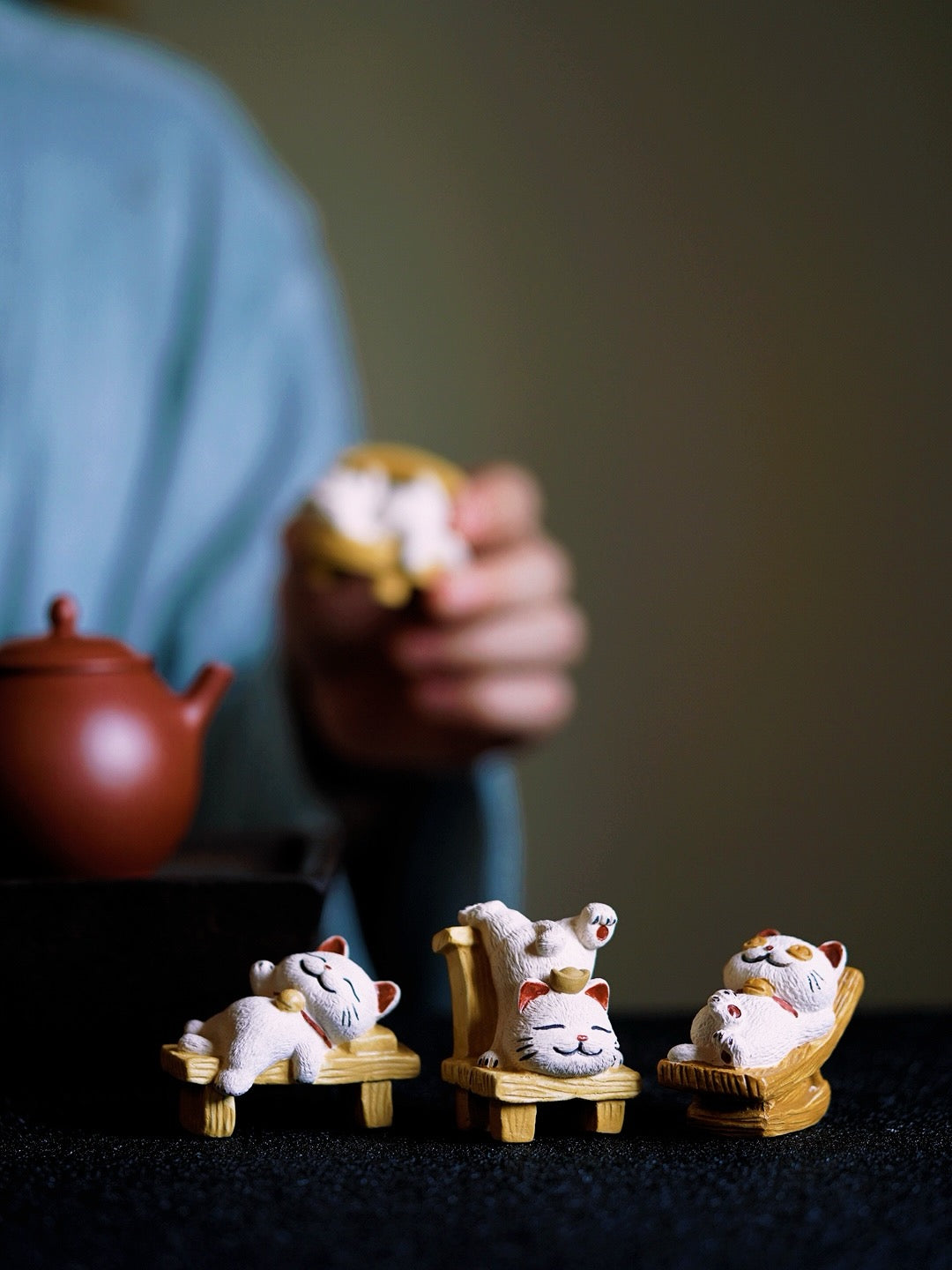 Terasilk Handmade Clay Tea Pet | The "Lazy Afternoon" Lucky Cat Collection | Zen Desk Companion
