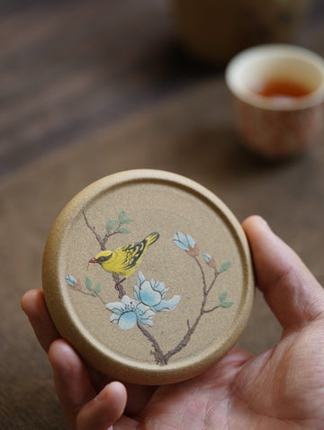 Terasilk Handmade Yixing Lid Rest & Coaster | Painted Spring Bird & Blossom | Golden Duan Ni Clay