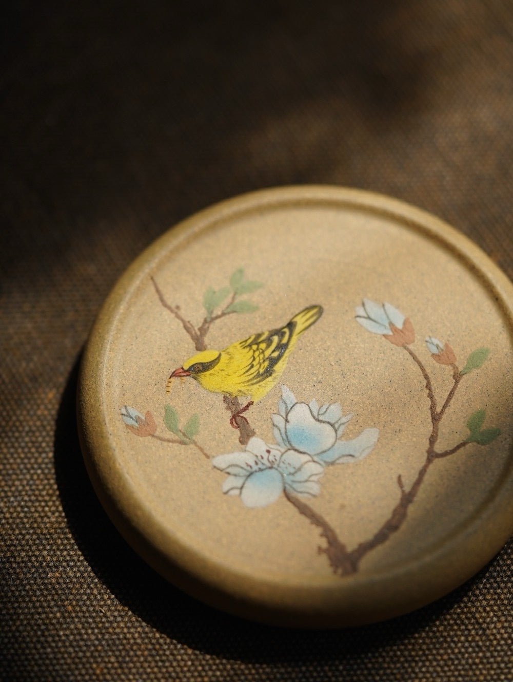 Terasilk Handmade Yixing Lid Rest & Coaster | Painted Spring Bird & Blossom | Golden Duan Ni Clay