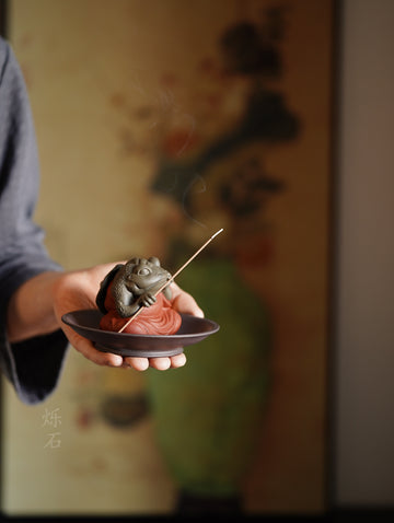 Terasilk Handmade Yixing Tea Pet & Incense Holder | "The Lone Angler" Monk Frog | Two-Tone Zisha Clay
