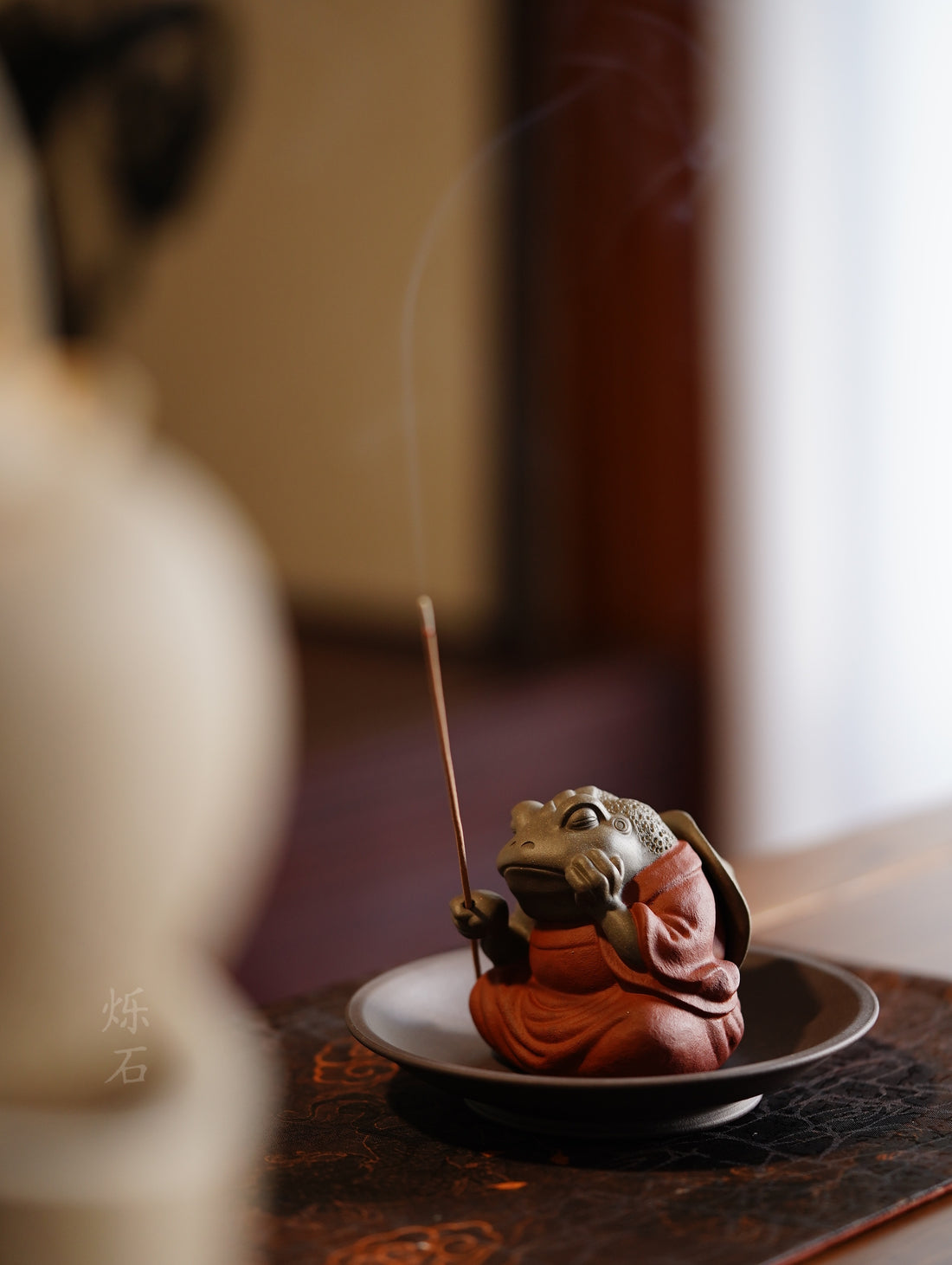 Terasilk Handmade Yixing Tea Pet & Incense Holder | "The Lone Angler" Monk Frog | Two-Tone Zisha Clay