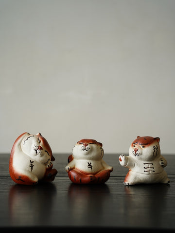 Terasilk Handmade Yixing Tea Pet | "Zen Mastery" Chubby Tiger Trio | Two-Tone Clay & Lid Rest