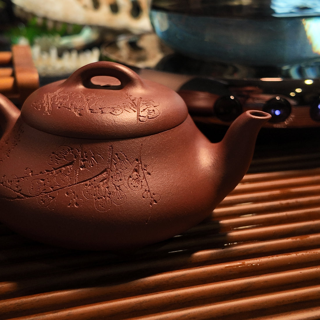 Terasilk Handmade Yixing Teapot | Engraved Plum Blossom "Shi Piao" Tripod | Premium Zi Ni Clay-120ml