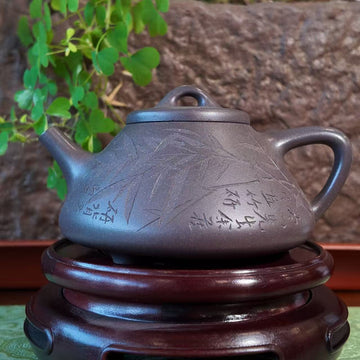 Handmade Yixing Teapot | "Literati Bamboo" Tripod Design | Charcoal Zisha Clay Calligraphy Tea Vessel-180ml