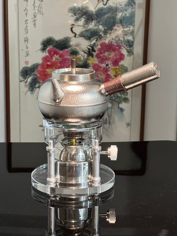Terasilk Modern Industrial Teaware | Cordless Suspension Gas Burner & Frosted Metal Kettle Set