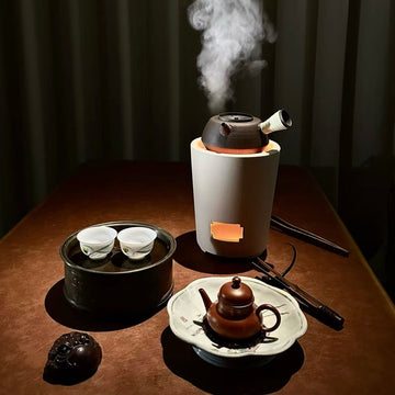 Terasilk Minimalist Wabi-Sabi Kettle Set | Raw Black Clay Side-Handle "Sha Diao" & Pristine White Stove