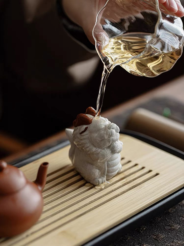 Terasilk Handmade Yixing Tea Pet | "Joyful Dragon" Praying Companion | Two-Tone Speckled Clay